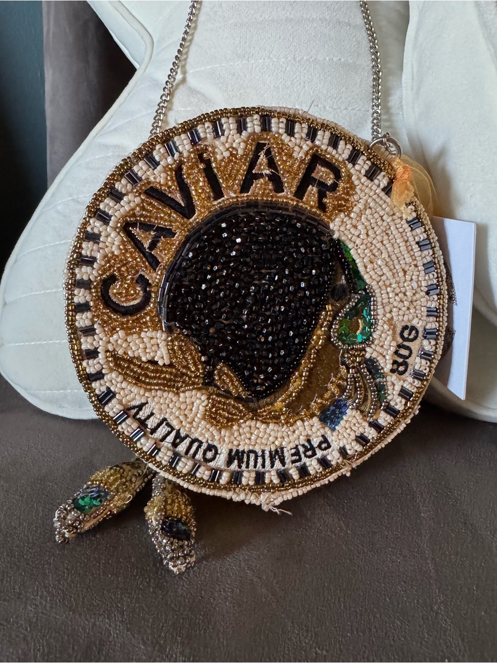 VIRAL CAVIAR Beaded Round Shoulder Bag in Black and Gold